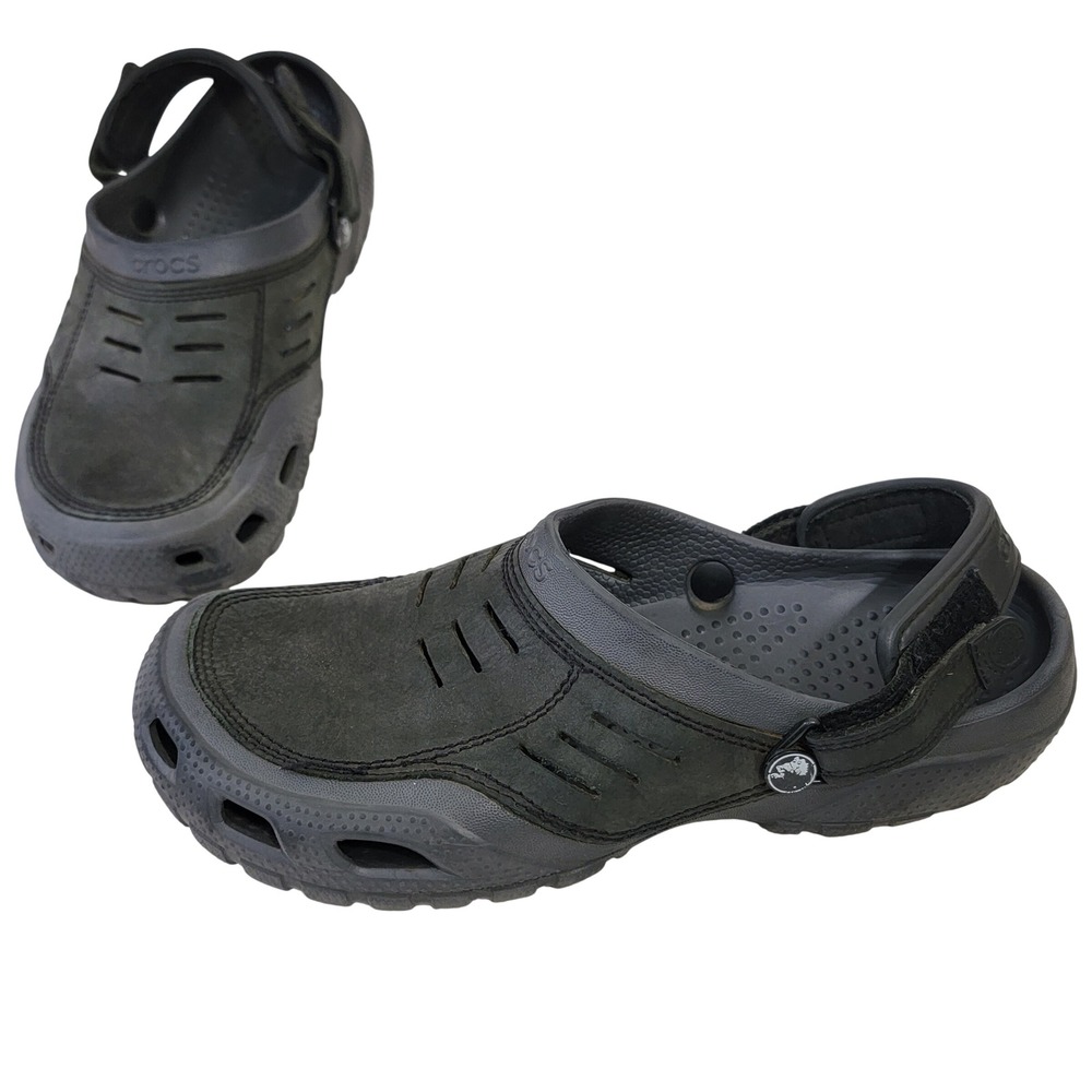 Crocs Yukon Sport Mens Black Leather Clog Adjustable Strap Sandals Size 12